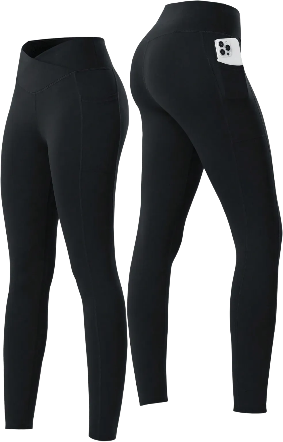Women's Black Cross Back Moisture Wicking Breathable Yoga Leggings, High Waist Elastic Fitness Workout Running Tights With Side Pockets, Compression Leggings For Fall/Winter Sports