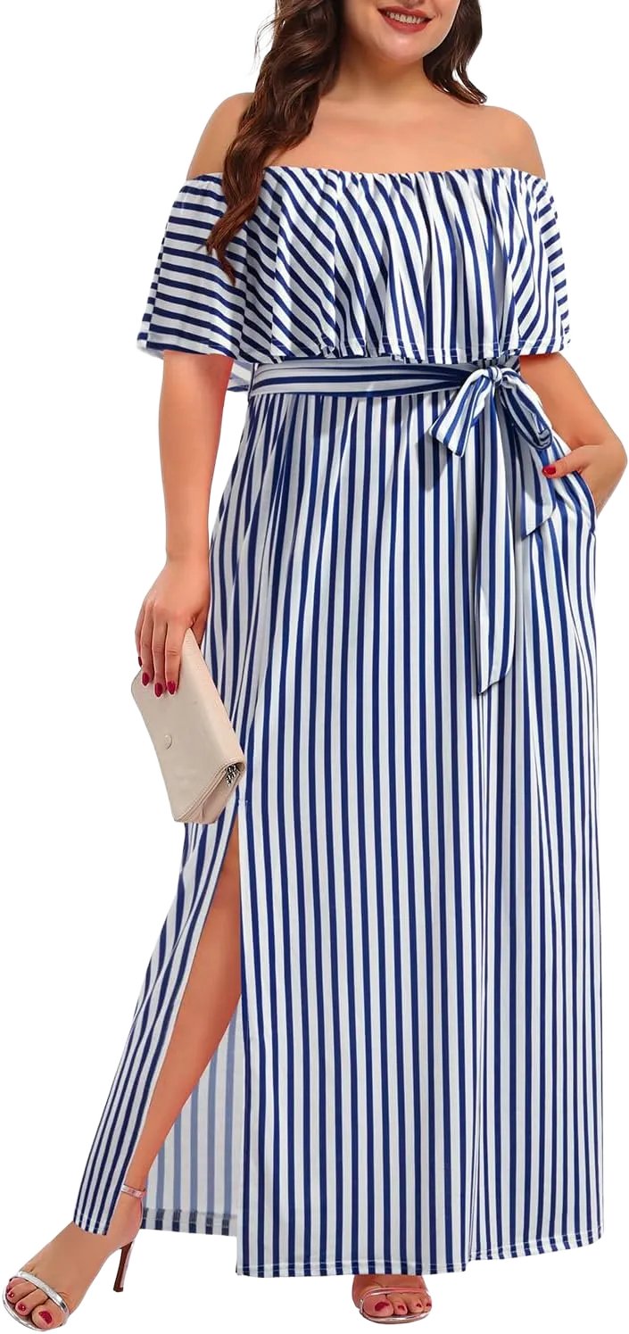 Plus Size Off The Shoulder Maxi Long Casual Beach Dress Pockets Women