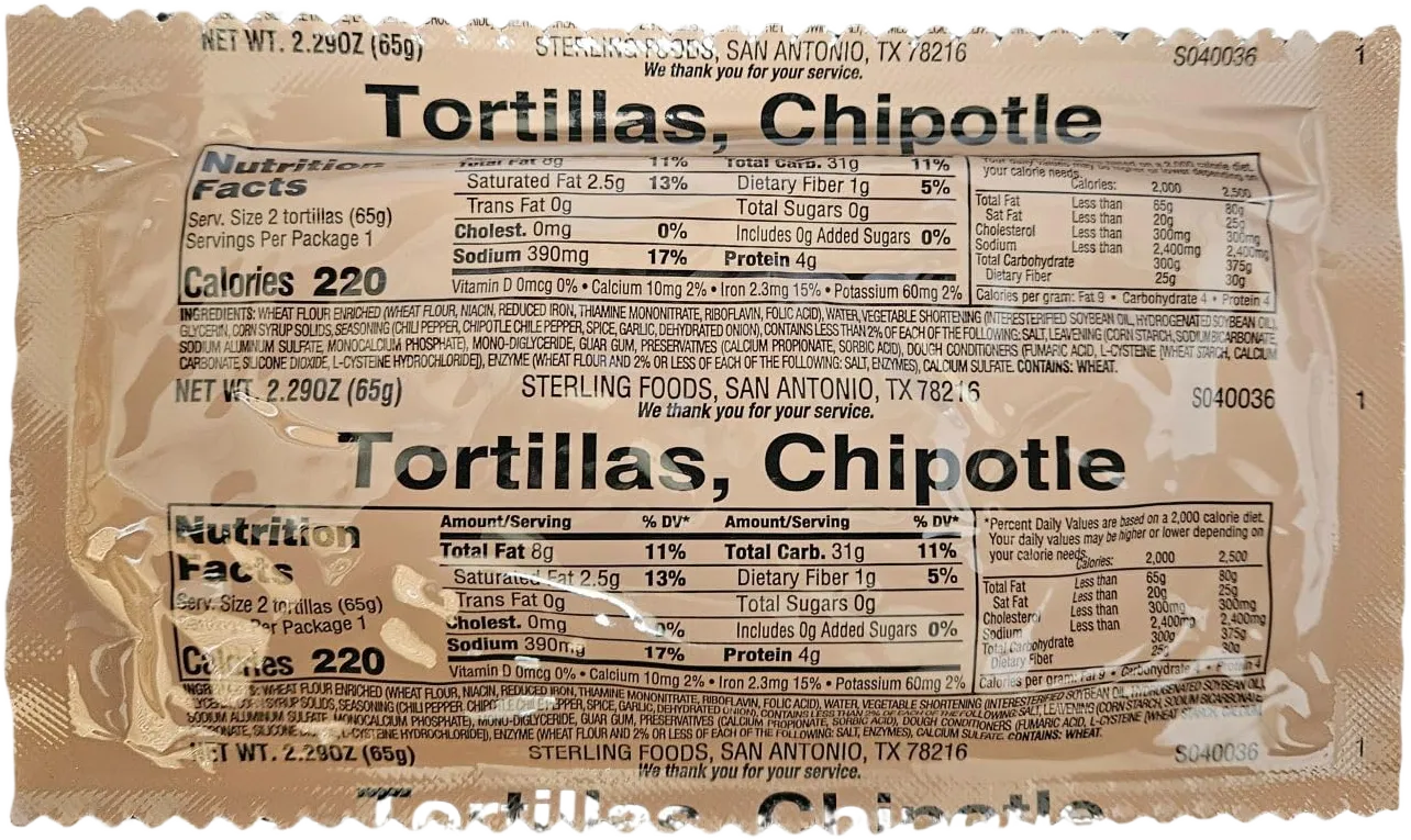MRE (Meal Ready to Eat) BREADS - Authentic USGI US Military Ration Components - Many Bread Options to Choose from - Available in 3,6,12,24,48 and 100 Packs (6, Tortillas, Chipotle)