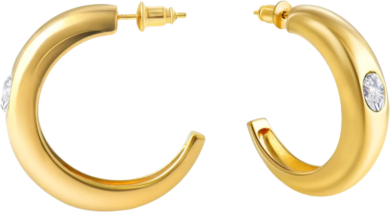 Gold Chunky Hoop Earrings for Women and Girls, 14K Yellow Gold Plated Lightweight Huggie Earrings with Sterling Silver Ear Pin CZ Hoop Earrings-20mm