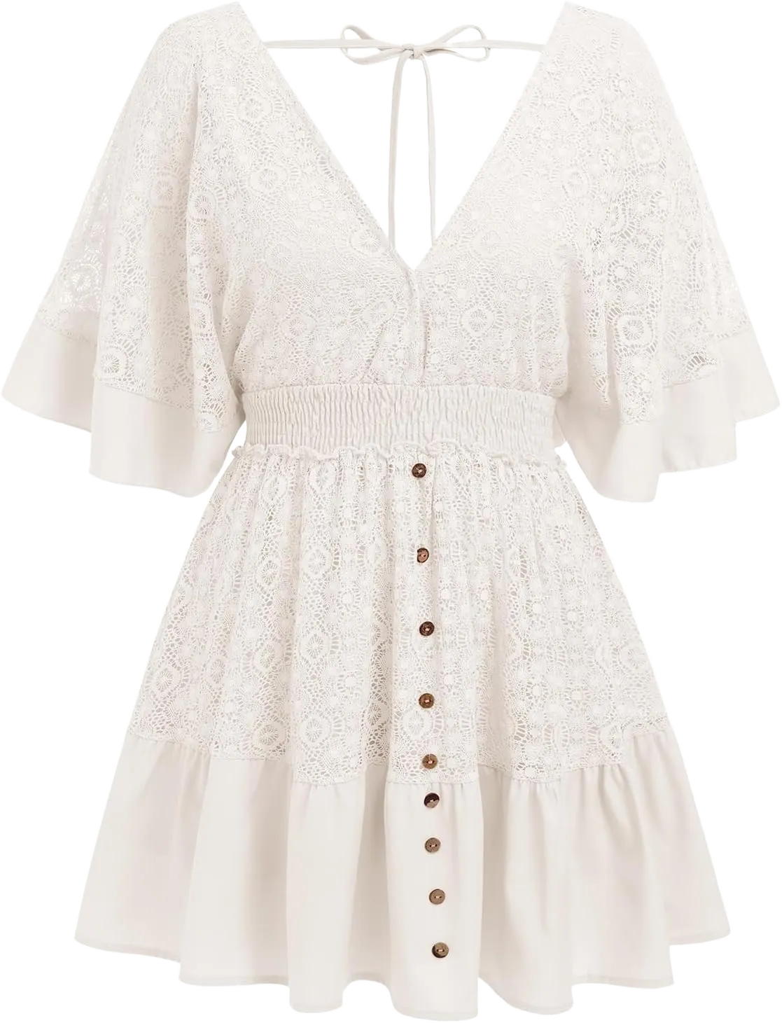 ABAFIP Women's Boho Floral Mini Dress Deep V-Neck Lace Ruffle A-Line Smocked Waist Summer Beach Dresses Large White