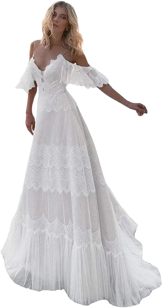 Women's Wedding Dresses Chic Lace Evening Dresses V Neck Ruffle Sleeves Beachy Boho Outdoorsy Wedding Gowns Medium White