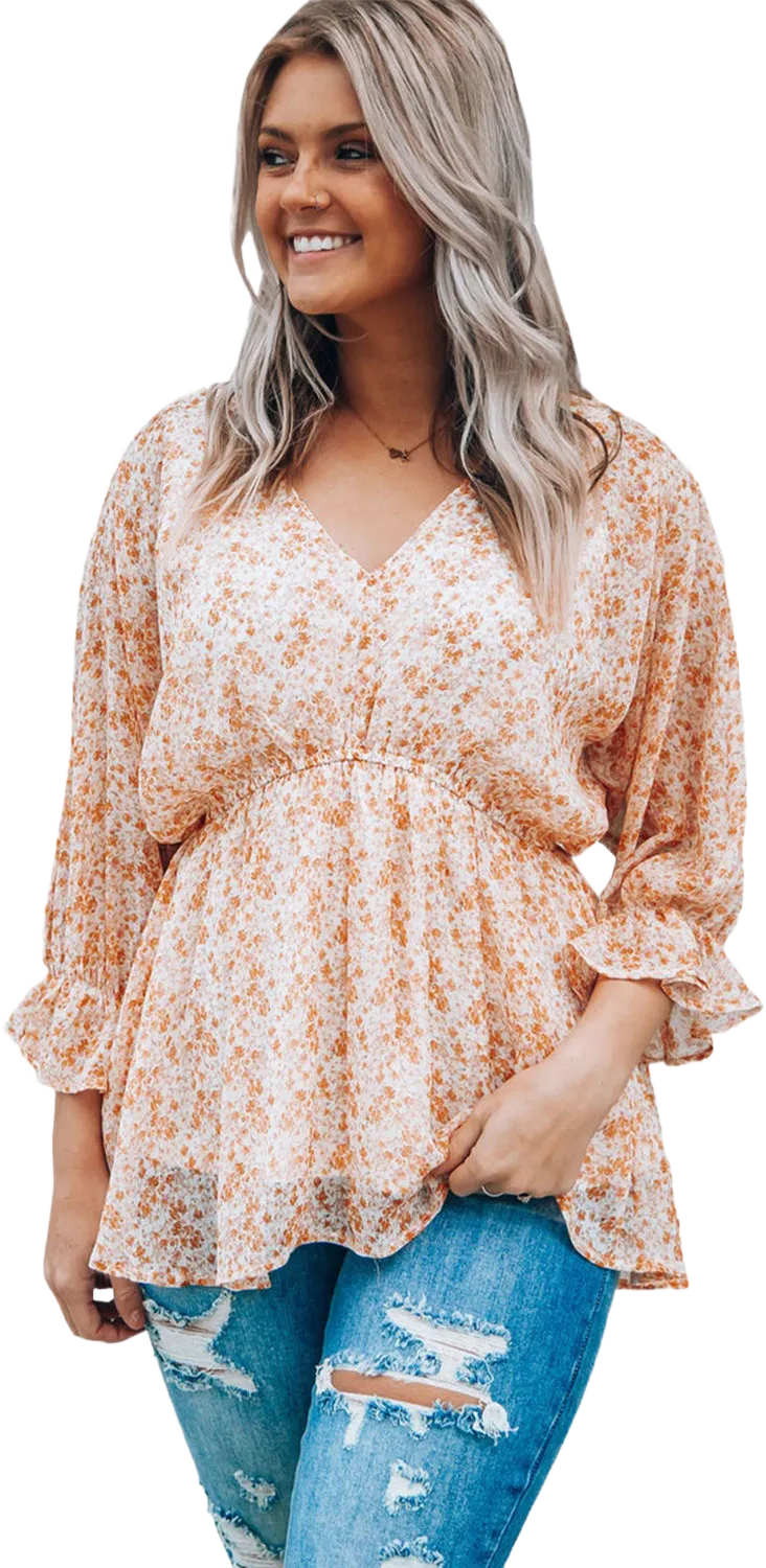 Floral Print V Neck Ruched Babydoll Blouse