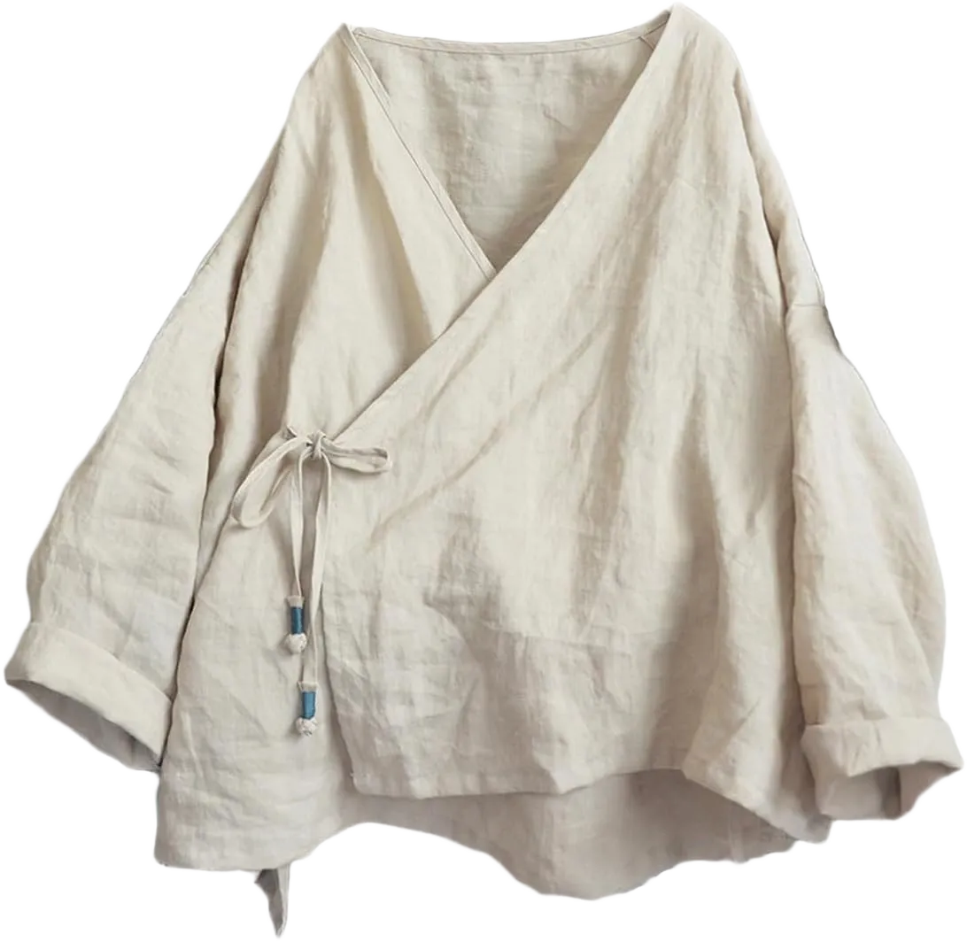 NFYM Women's Hanten Kimono Cardigan Long Sleeve Wrap Front Cotton Linen Retro Hanfu Costume Irregular Shirt Tops One Size Beige