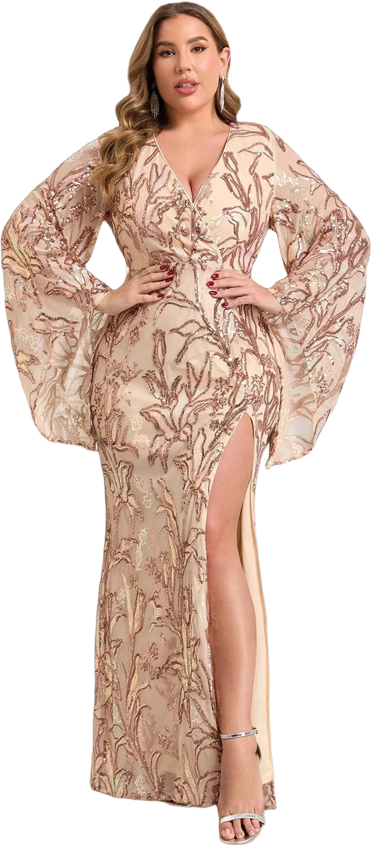 Women V-Neck Long Sleeve Charming Fashion Pearl Embellished High Split Plus Size Dress, Elegant Formal Evening Prom Gown, For Wedding Guest, Graduation, Dinner