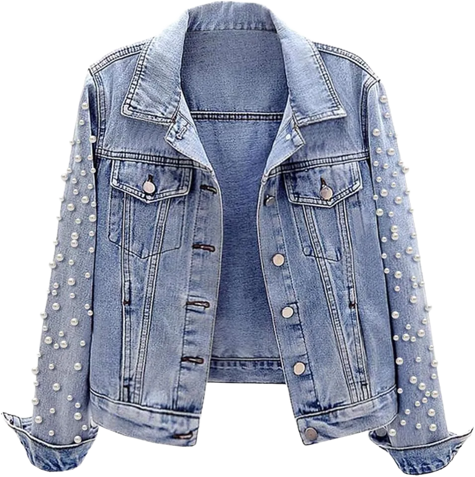 SCOFEEL Pearls Cropped Jean Jacket for Women Regular Fit Embroidered Denim Jacket Coat Light Blue, X-Large
