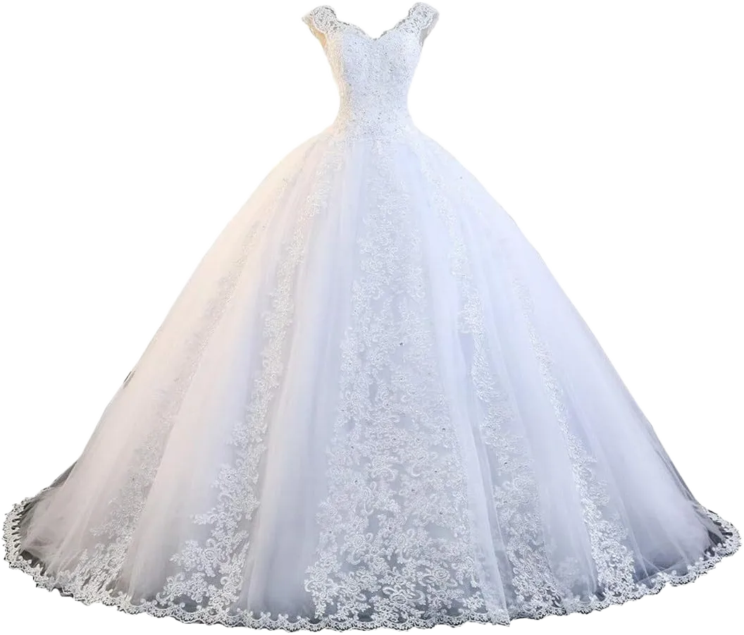 White Ivory Straps Appliques Tulle Wedding Dress Ball Puffy Lace Up Corset Bridal Gown 10 Ivory