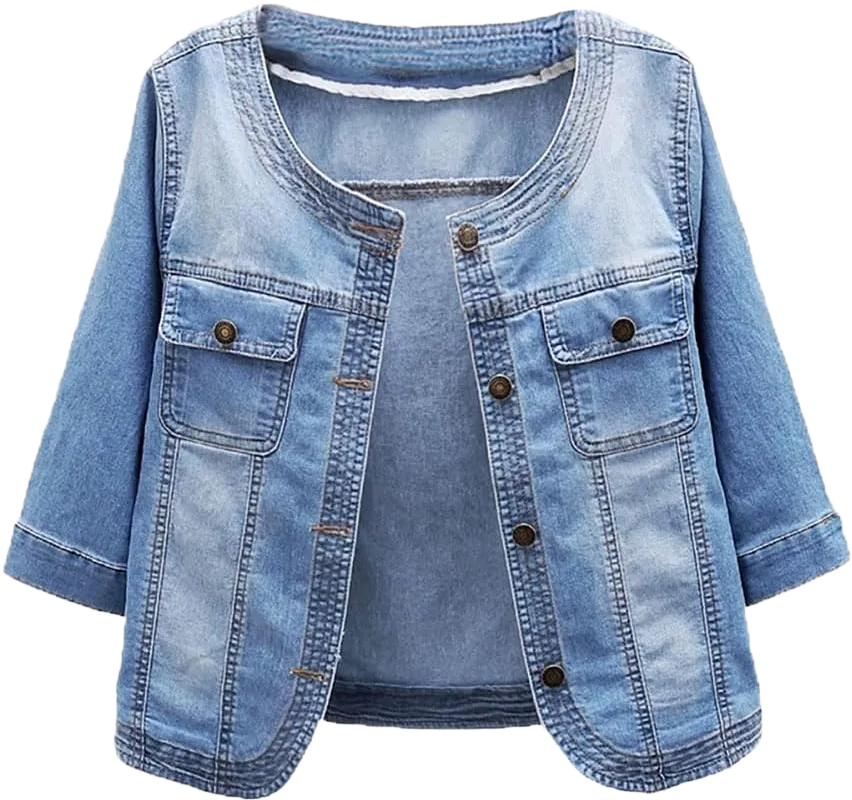 Women Round Neck Denim Jacket Button Closed Cropped Denim Jacket Large Light Blue01