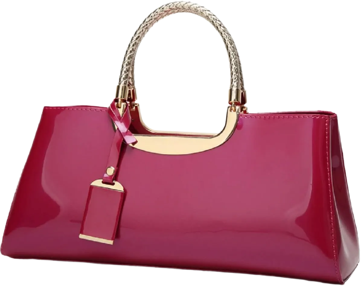 Glossy Women Handbag Faux Patent Leather Top-Handle Bag Structured Shoulder Bag Tote Evening Purse Party Satchel Rose