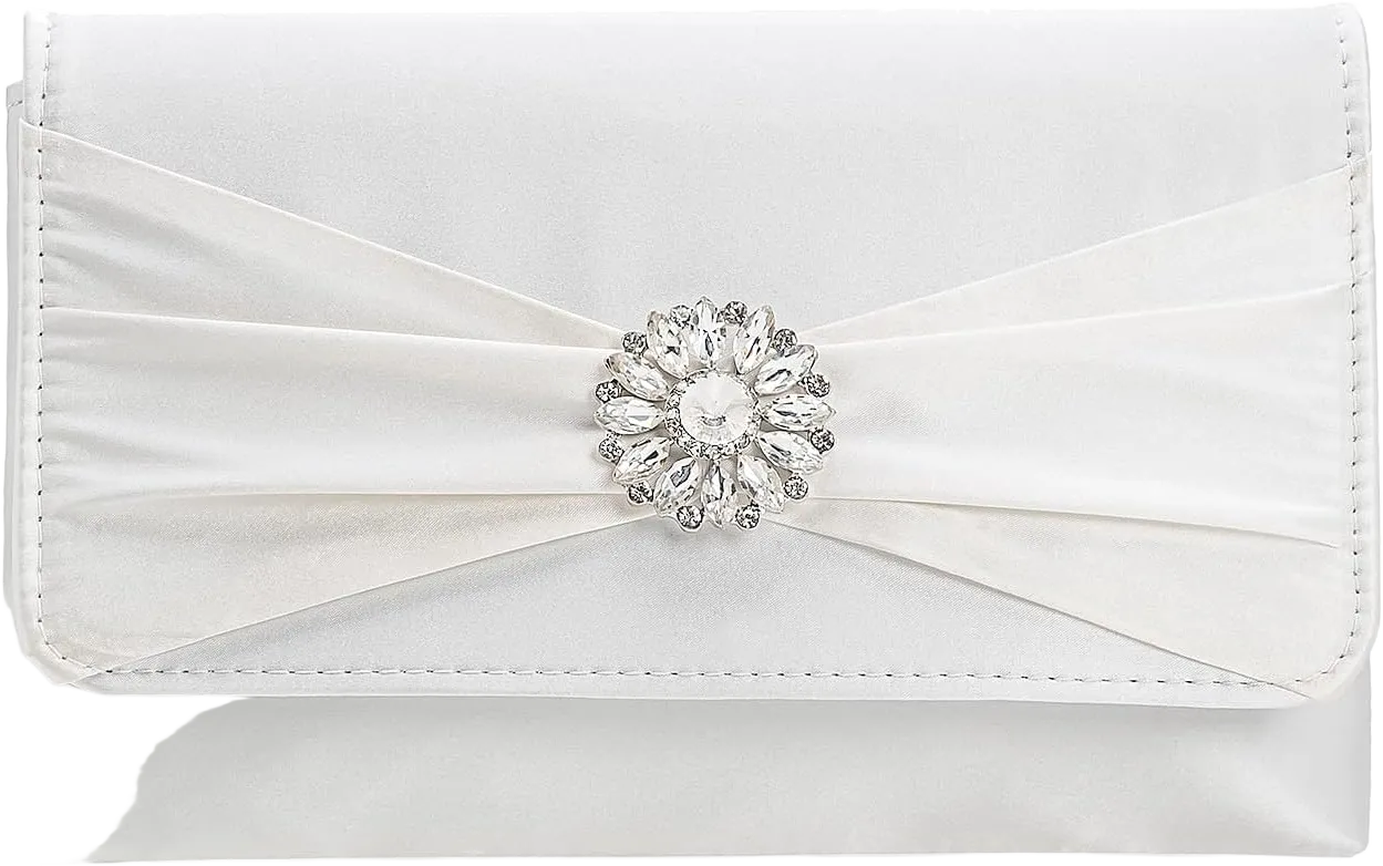 CHARMING TAILOR Evening Bag for Women Pleated Flap Satin Formal Purse Diamantes Brooch Embellished Clutch Ivory