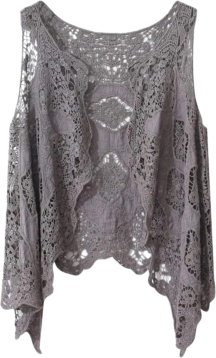 Flygo Women's Open Front Cotton Crochet Lace Boho Hippie Butterfly Vest Cardigan Coverup Sleeveless Irregular Hem Gray One Size
