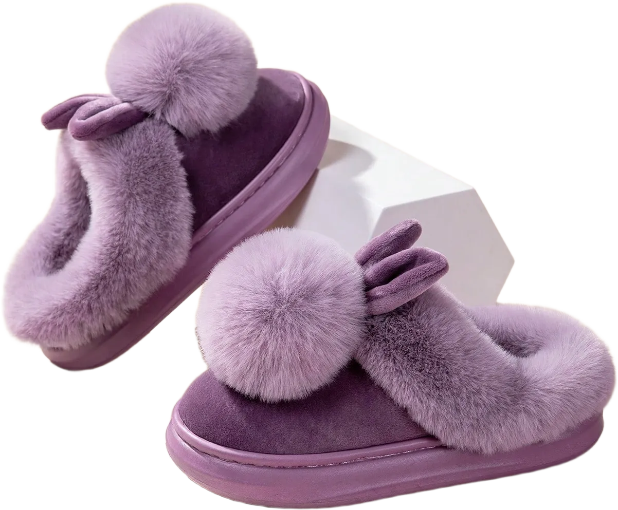 2024 New Autumn/Winter Single Sphere Rabbit Plush Warm Slippers, Unisex Solid Color Slip-On Indoor Anti-Skid Heel Half Back Slippers