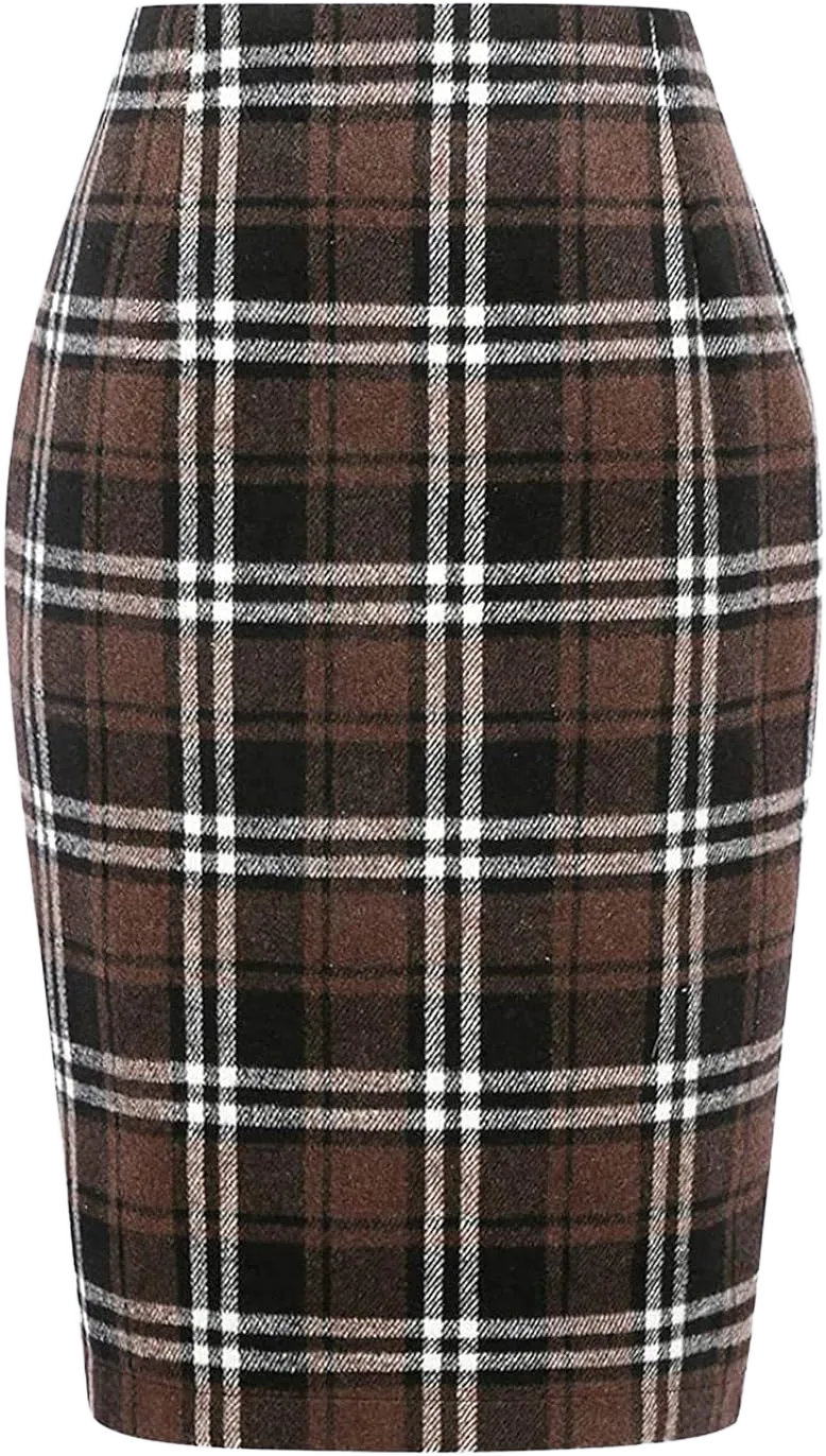 Pencil Plaid Skirts for Women Fall Winter High Waisted Bodycon Knee Length Wool Midi Skirt Extra Long Bed Skirt Full Coffee : Clothing, Shoes & Jewelry
