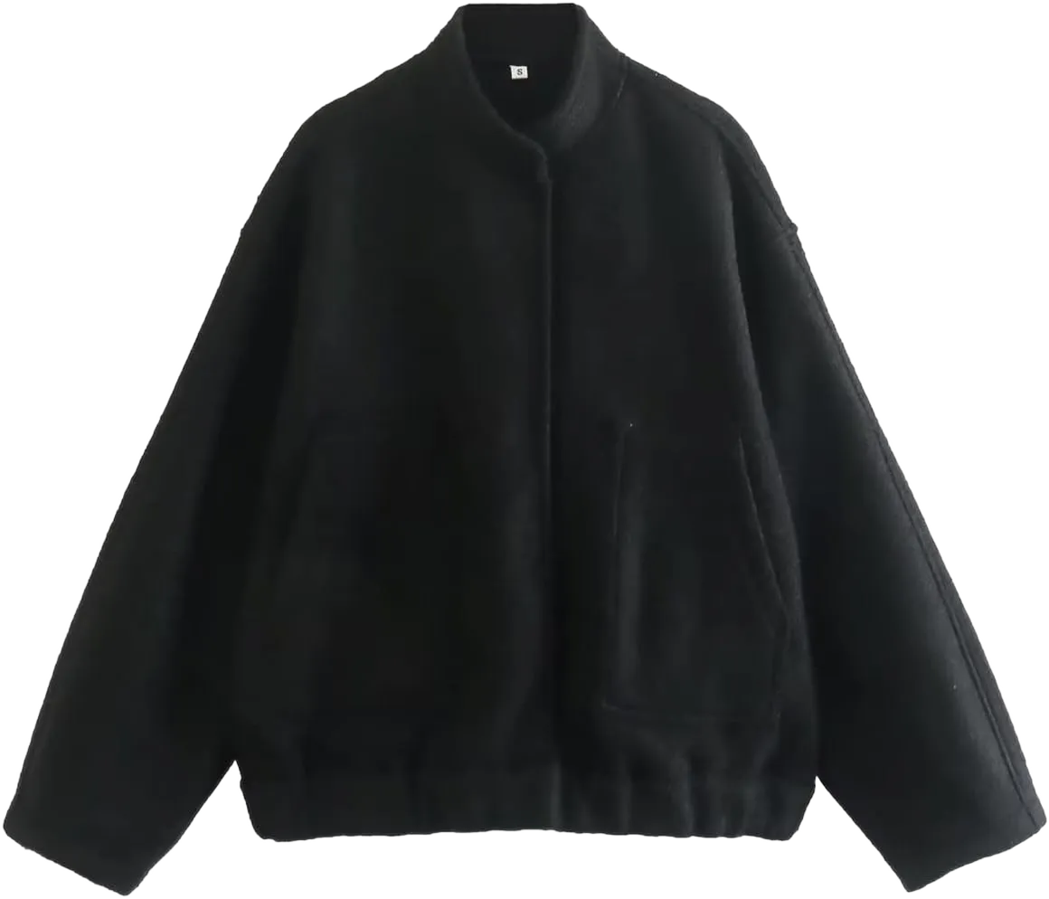 Women's Long Sleeve Wool Blend Coat Oversized Button Down Jackets Casual Outerwear Bomber Jackets with Pockets 2023(Black,S)