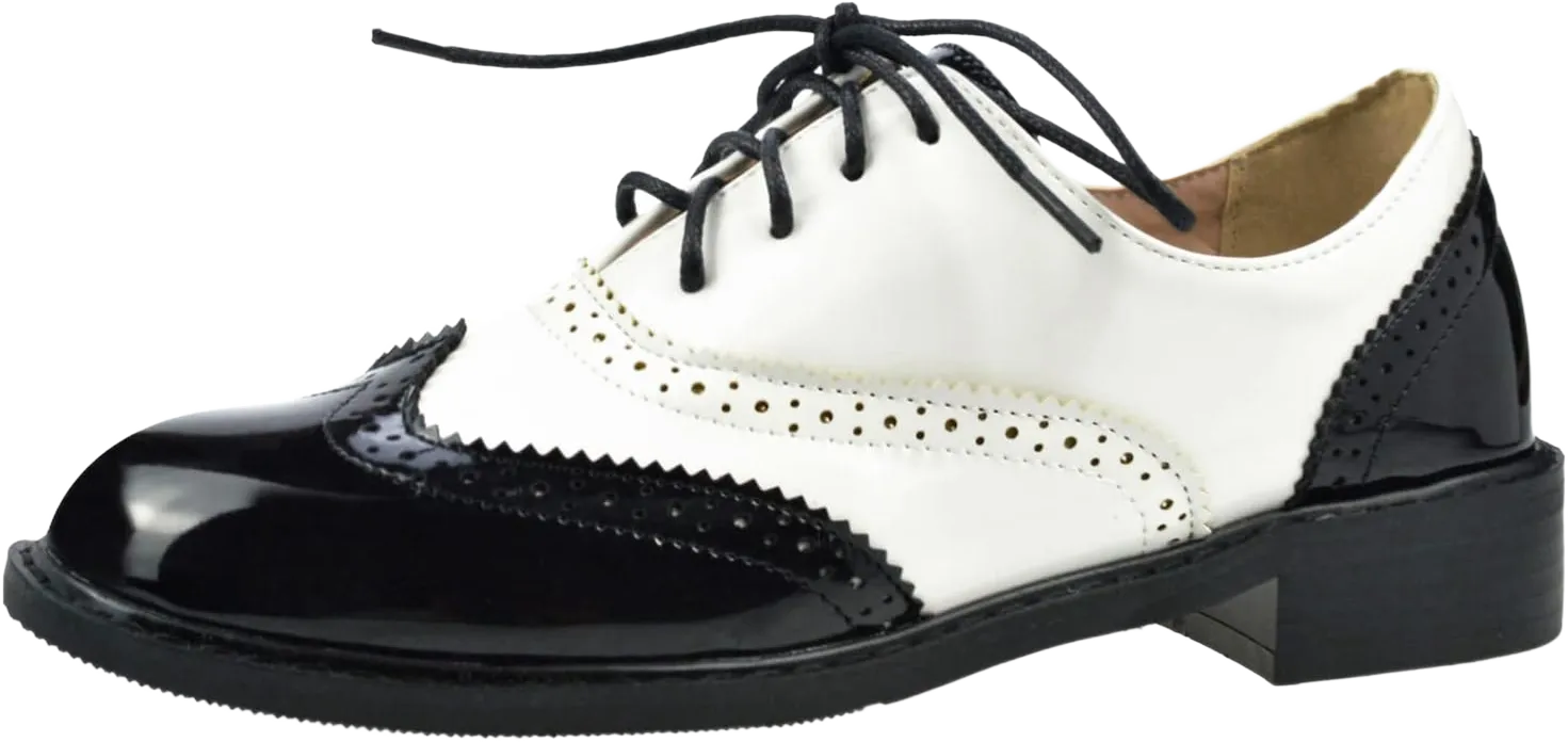 Womens Oxfords Black and White Wingtip Chunky Heeled Patent Leather Vintage Brogue Lace Up Two Tone Saddle Shoes 9 Black Patent