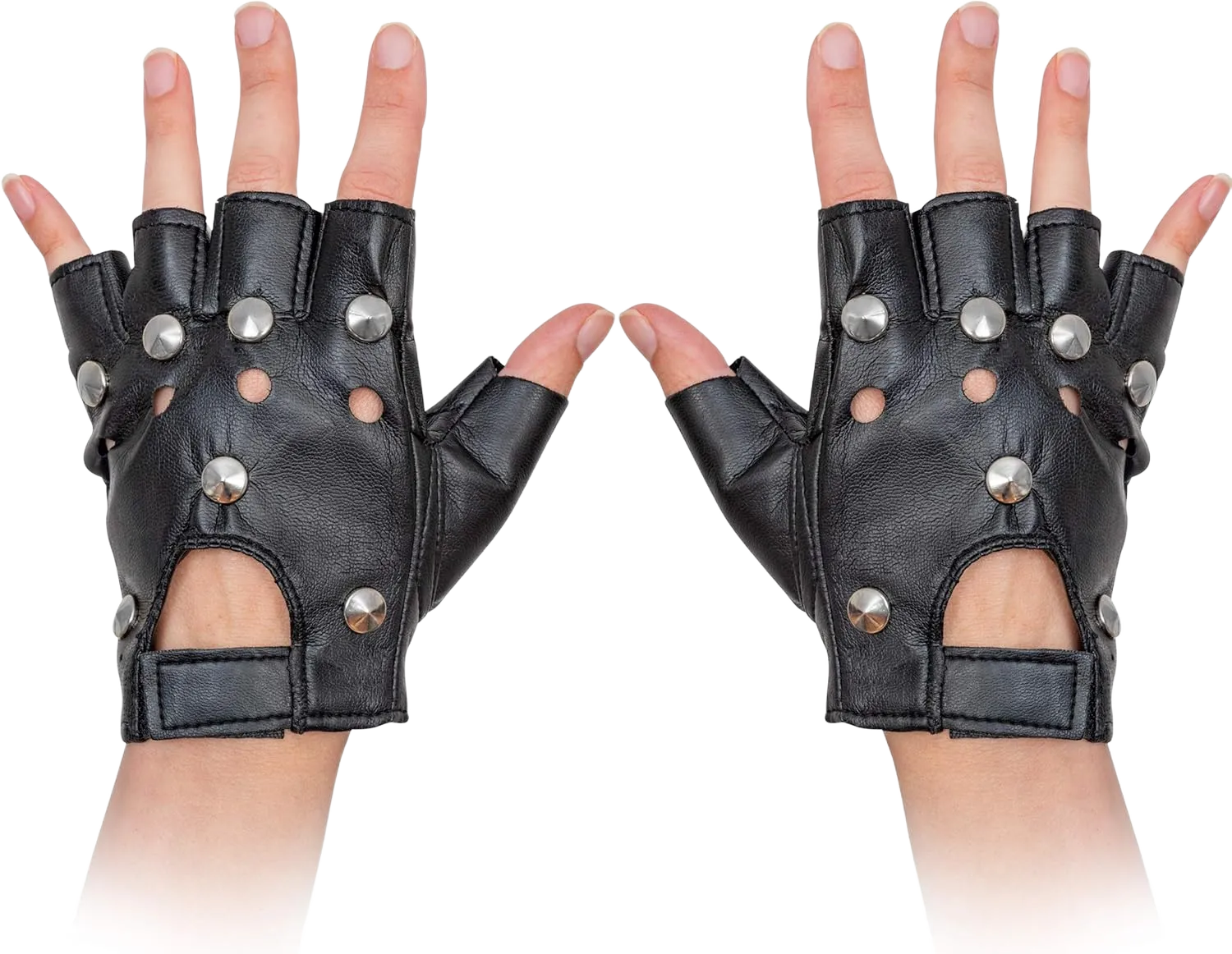 Skeleteen Gothic Fingerless Biker Gloves - 80s Style Black Leather Punk Biker Gloves for Men, Women and Teens