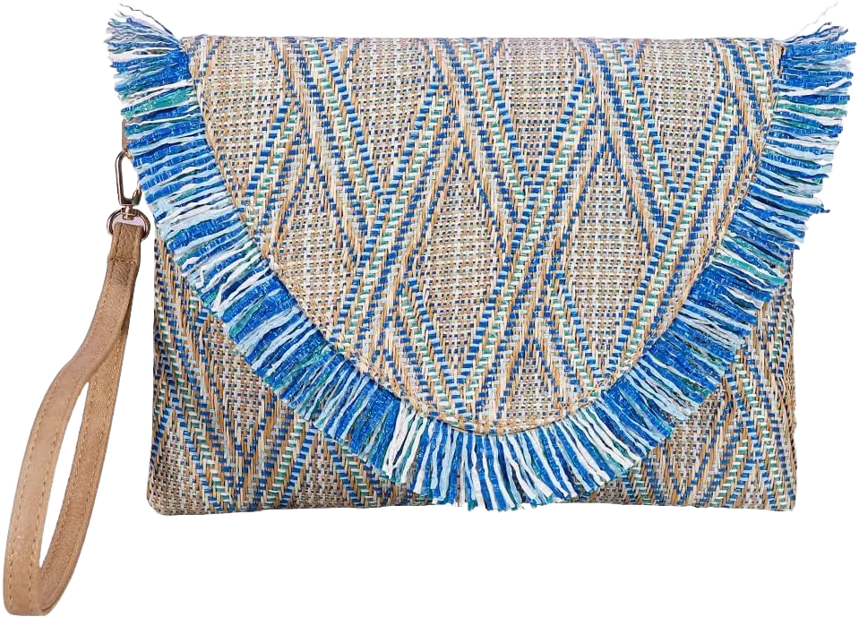 Tassel Clutch Bag for Women, Straw Woven Envelope Handbag Fringe Purse, Bohemian Handmade Woven Wristlet Bag, Summer Beach Flap Clutch Wallet for Vacation Travel Blue