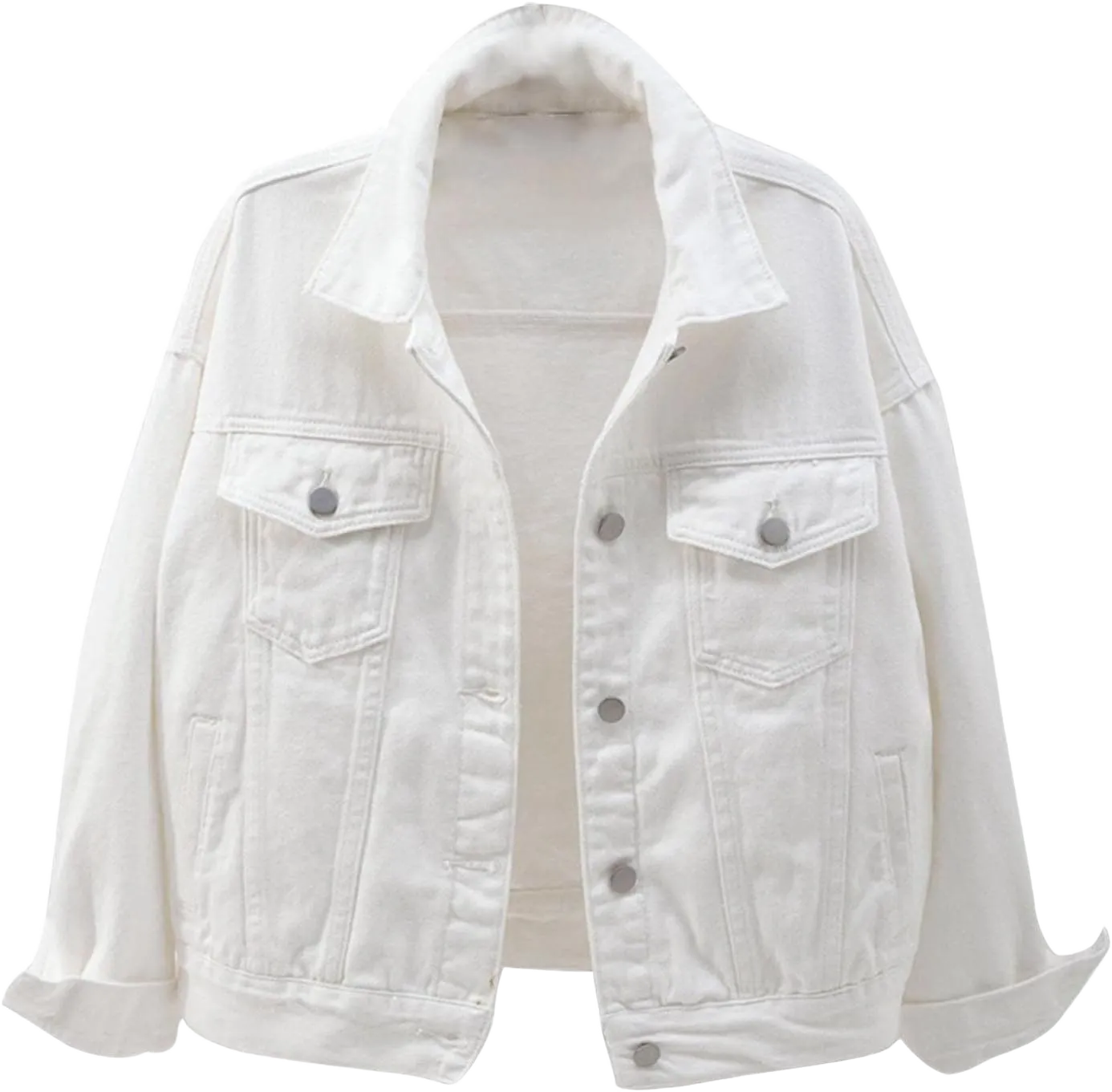 2022 Women Summer Fall Denim Jacket Roll Up Long Sleeve Crop Jean Jackets Lapel Trucker Coat Outerwear for Teen Girls Medium White