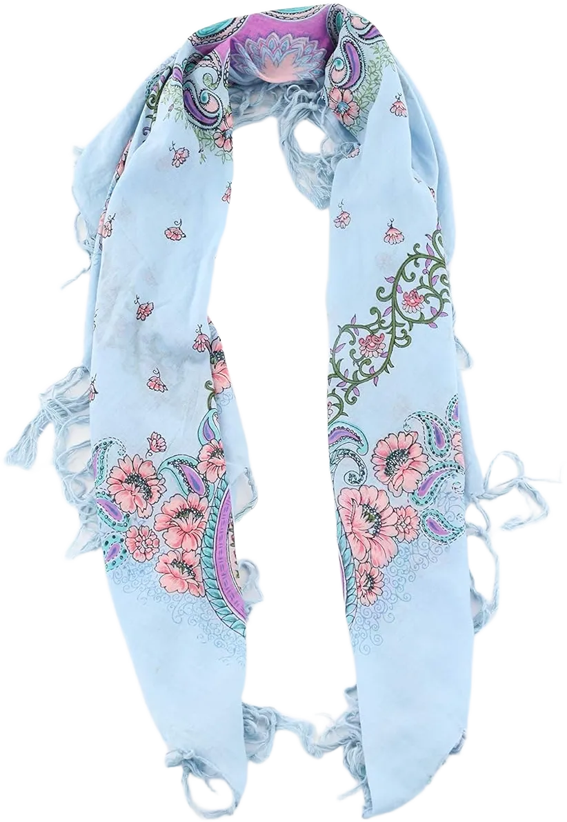 Gabriella womens Multi Color Paisley and Floral Print Scarf With Knotted Fringe Edging One Size Blue