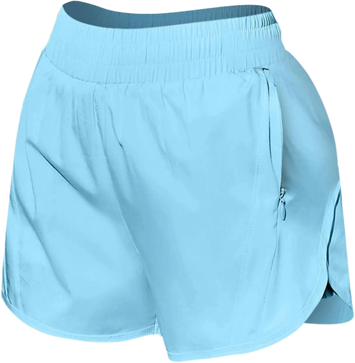 Women's Running Shorts Summer High Elastic Waisted Quick Dry Athletic Work Out Gym 4" Shorts with Liner Zipper Pocket Light Blue Medium