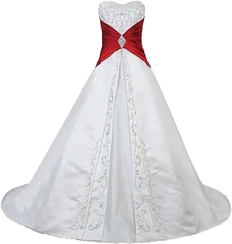 Women's Elegant Embroidery Satin A-line Colorblock Wedding Dress Bridal Gowns 2 Ivory & Red