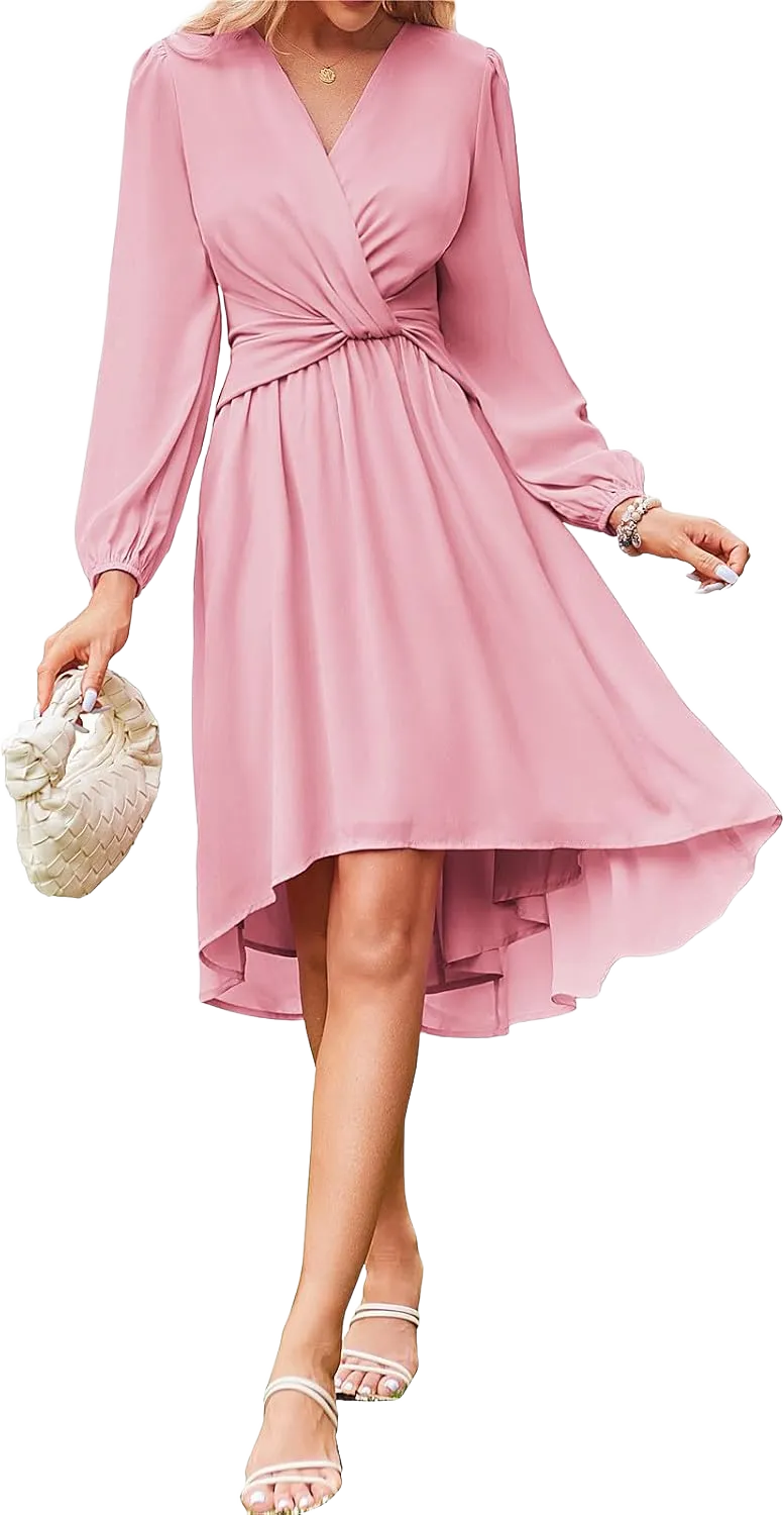 JASAMBAC Dresses for Women Wedding Guest Chiffon Wrap V Neck Empire Waist A Line High Low Flowy Casual Modest Maxi Dress