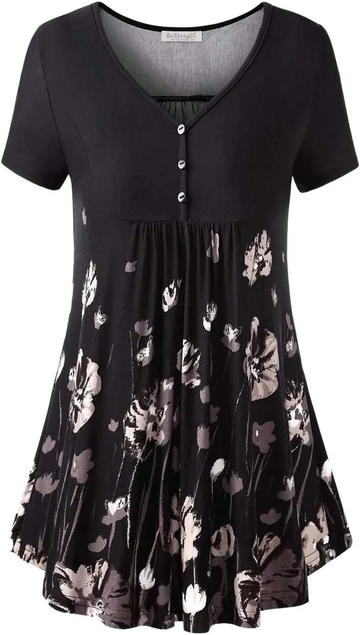 BAISHENGGT Women's V Neck Buttons Pleated Flared Tunic Tops Black Floral M