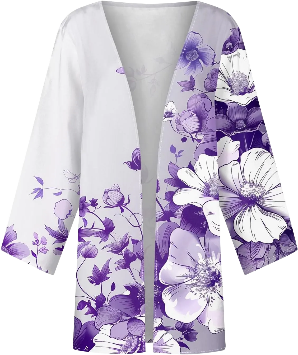Summer Kimonos for Women Boho Floral Puff Sleeve Cover Ups Cardigan Casual Beach Wear Loose Flowy Shawls and Wraps 01-light Purple XX-Large