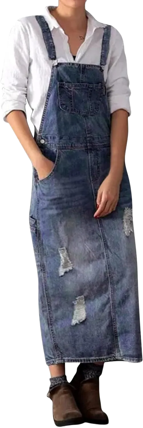 Women's Overall Denim Dress Plus Size Distressed Casual Vintage Denim Jean Pockets Skirt Midi Long Split Dresses