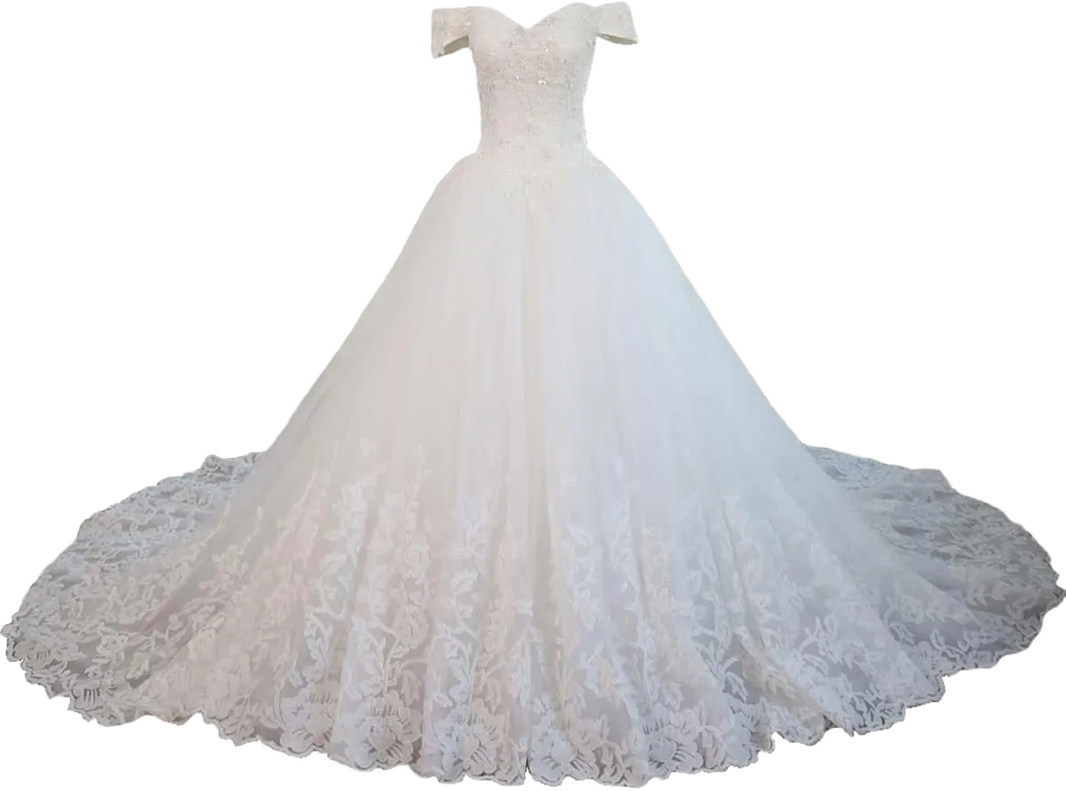 XYAYE Lace Tulle Wedding Dresses for Bride Puffy Tulle Wedding Gowns Off The Shoulder Bridal Gowns with Train 16 Ivory