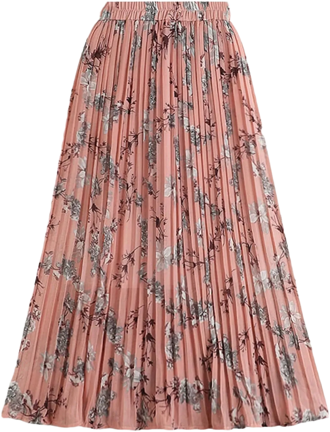Women Chiffon Pleated Skirt Spring Summer Vintage Floral Print Boho Beach High Waist Midi Long Skirt One Size Pink