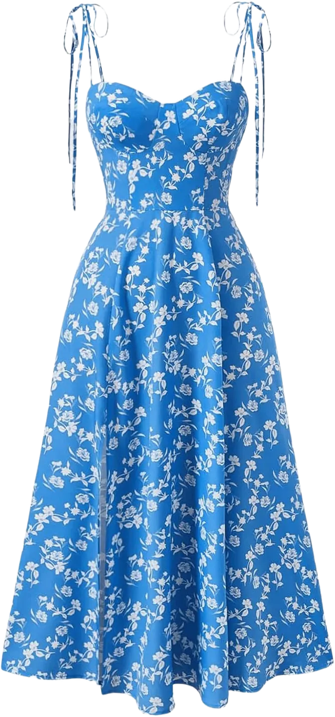 Milumia Women's Tie Shoulder Floral Print Cami Dress Split Flare Hem Summer Midi Dress