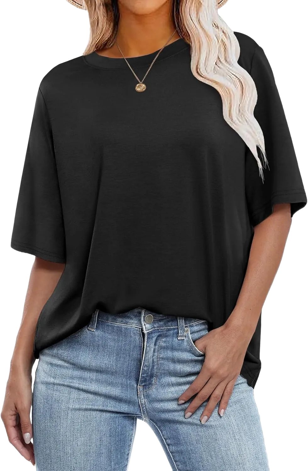 ANRABESS Womens Oversized T Shirts Short Sleeve Crewneck Tops Casual Loose Basic Tee Shirts 2025 Summer Trendy Outfits Black Small