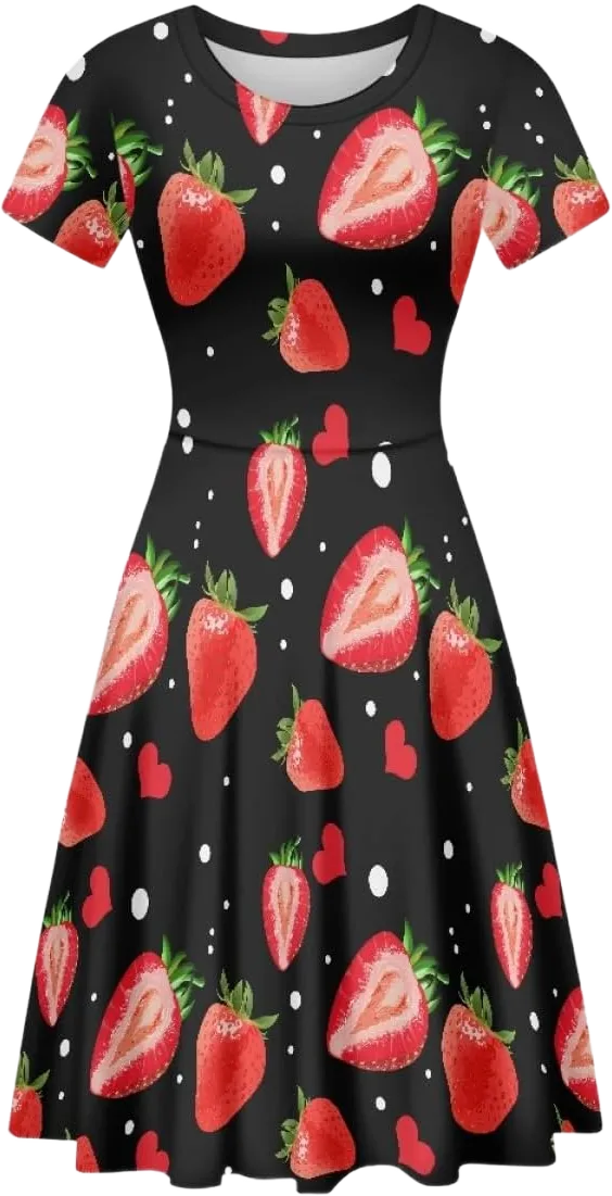 ENLACHIC Women's Casual Animal Floral Print Short Sleeve A Line Swing T Shirt Dress Plus Size 4X-Large Red Love Strawberry