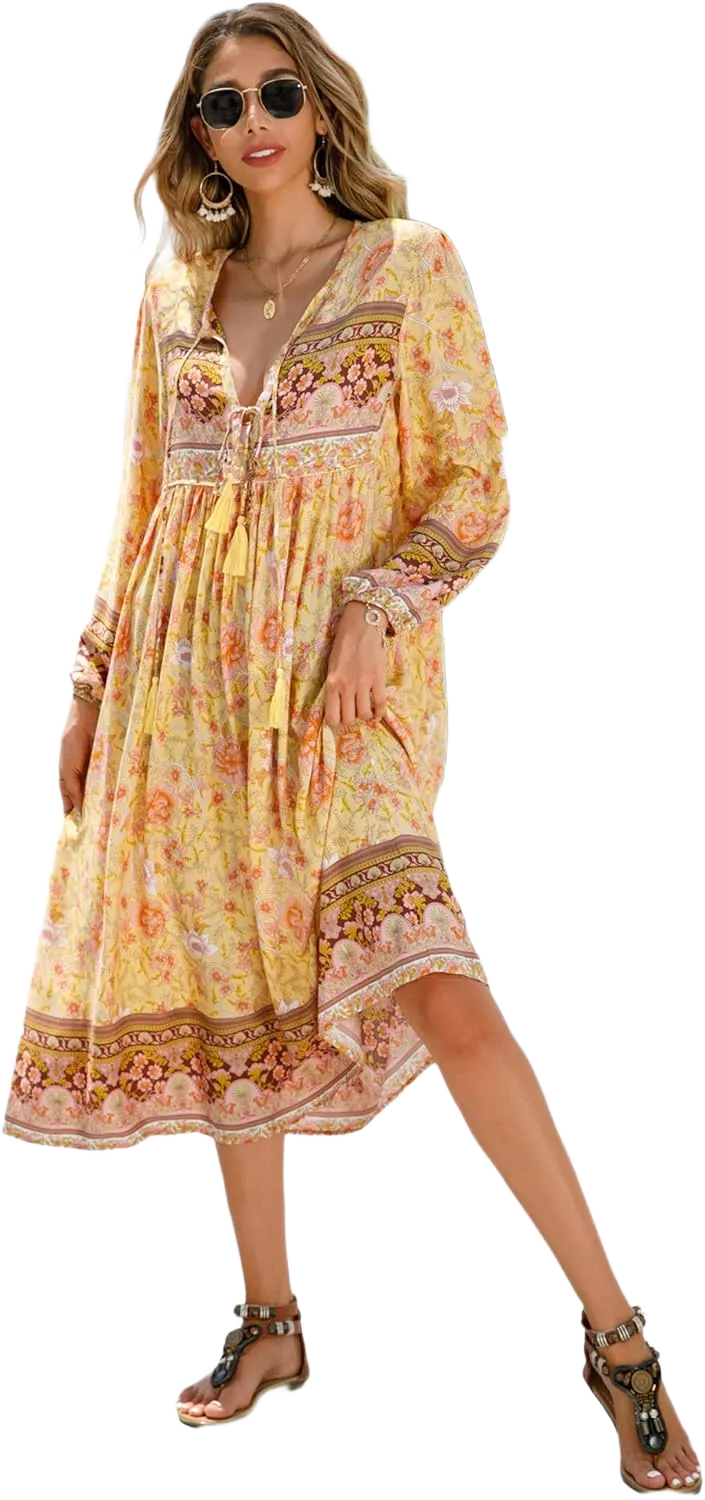 R.Vivimos Women's Long Sleeve Floral Print Retro V Neck Tassel Bohemian Midi Dresses XX-Large Lemon