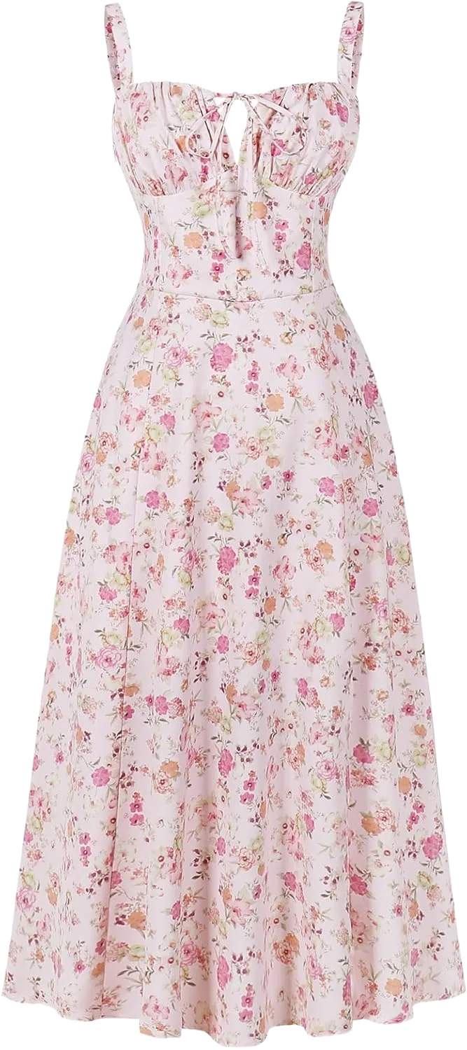 Women Floral Corset Dress Summer Dress 2024 Boho Flowy Slit Lace Up Midi Dresses Going Out A Line Casual Sundress X-Large Pink Purple