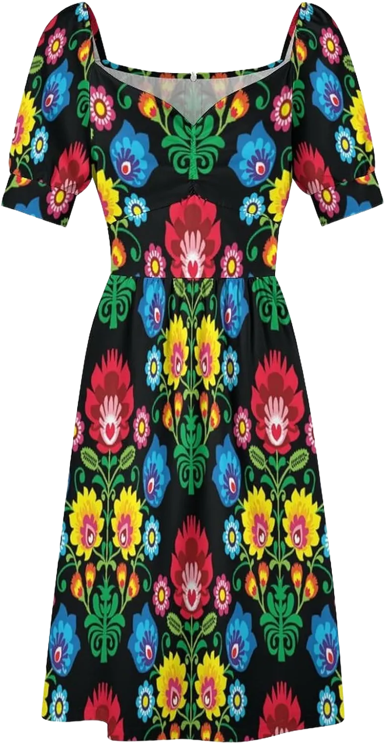 Polish Folk Art Floral Pattern Womens Casual Puff Sleeve Summer Dresses ElegantBeach Vacation Short Dress XX-Large Style-6-3