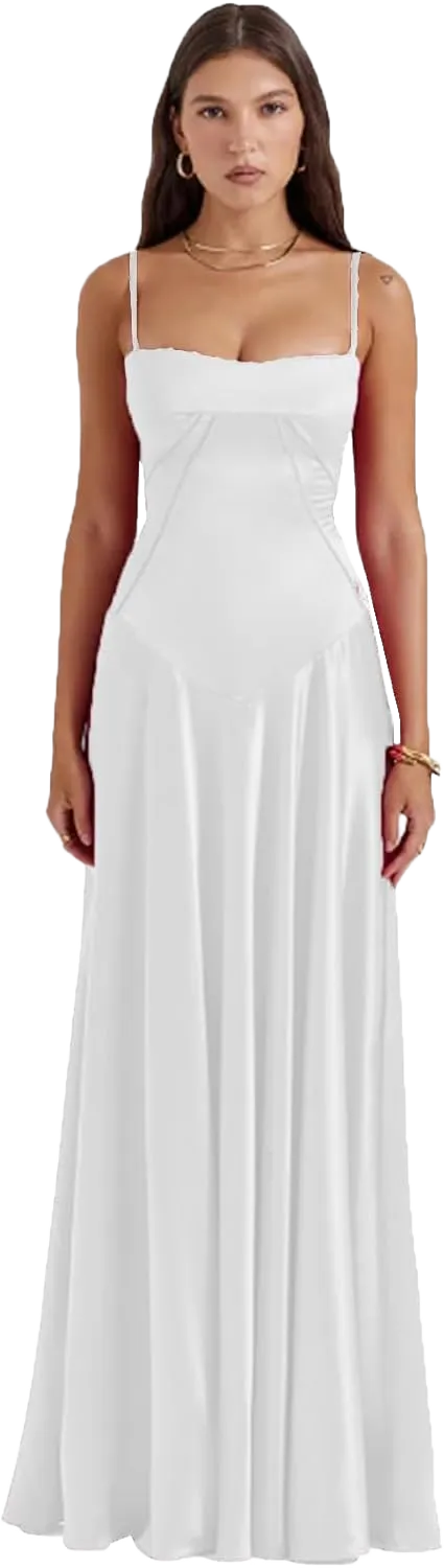 Women's Satin Off Shoulder Evening Dress Spaghetti Strap Scoop Neck Cocktail Party Dress 4 White
