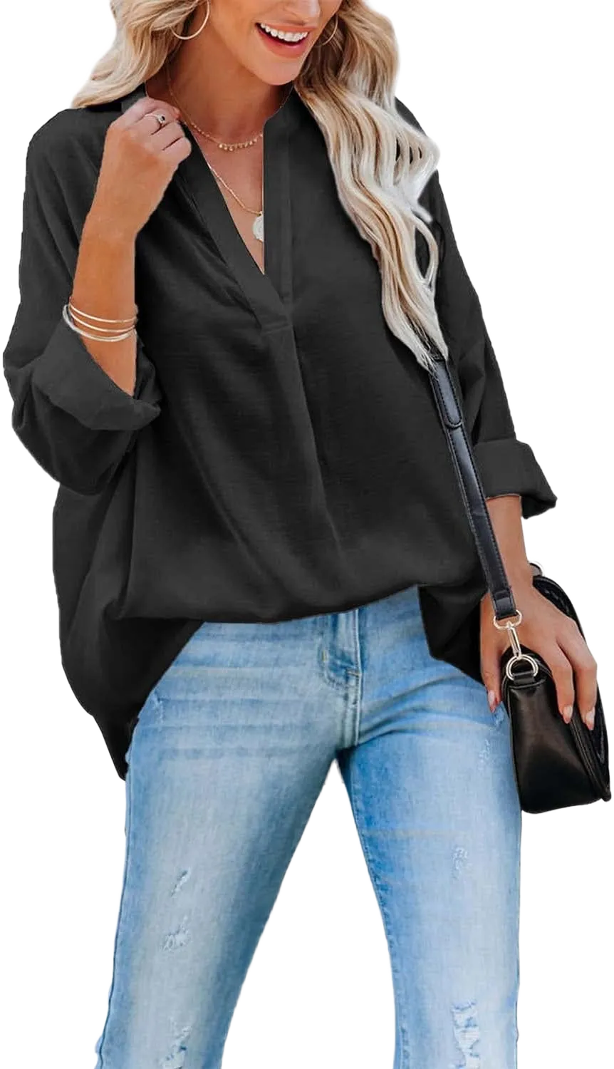 ANCAPELION Women’s Summer Chiffon Blouse Casual Short Sleeve V Neck Shirt Loose Printed Cuffed Sleeve Tunic Tops for Women Medium Aas Black