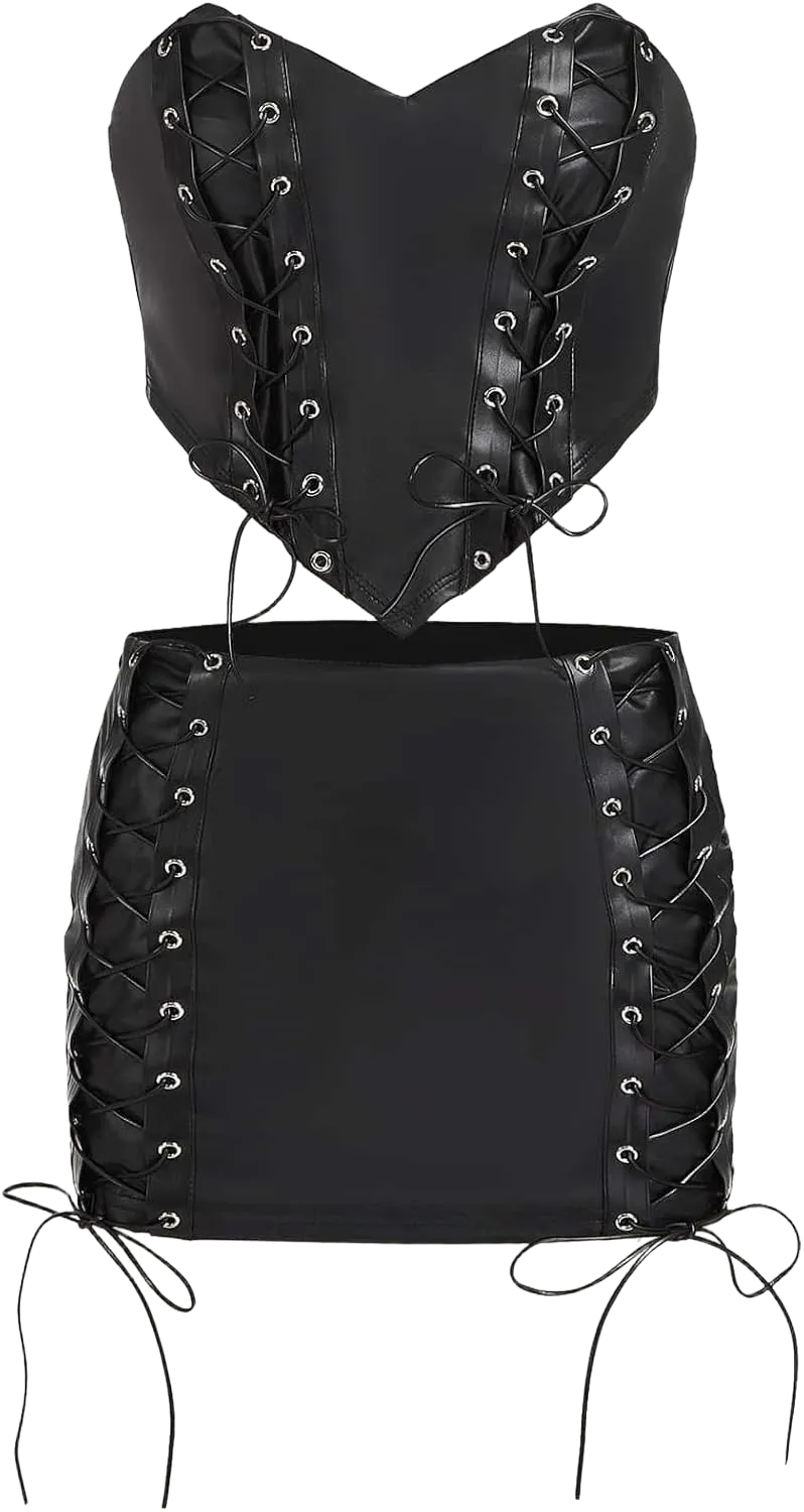 Verdusa Women's 2 Piece Outfits PU Leather Lace Up Asymmetrical Crop Tube Top and Mini Skirt Set Medium Black