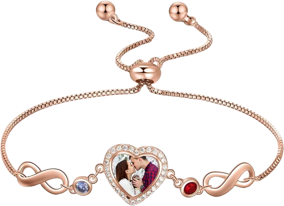 Heart Locket with Infinity Birthstone Bracelet for BFF Friendship Pendant Bracelet Personalized Engraved Photo Bracelet for Women Picture Locket Bracelet of Loved One Women Gift Rose Gold 2