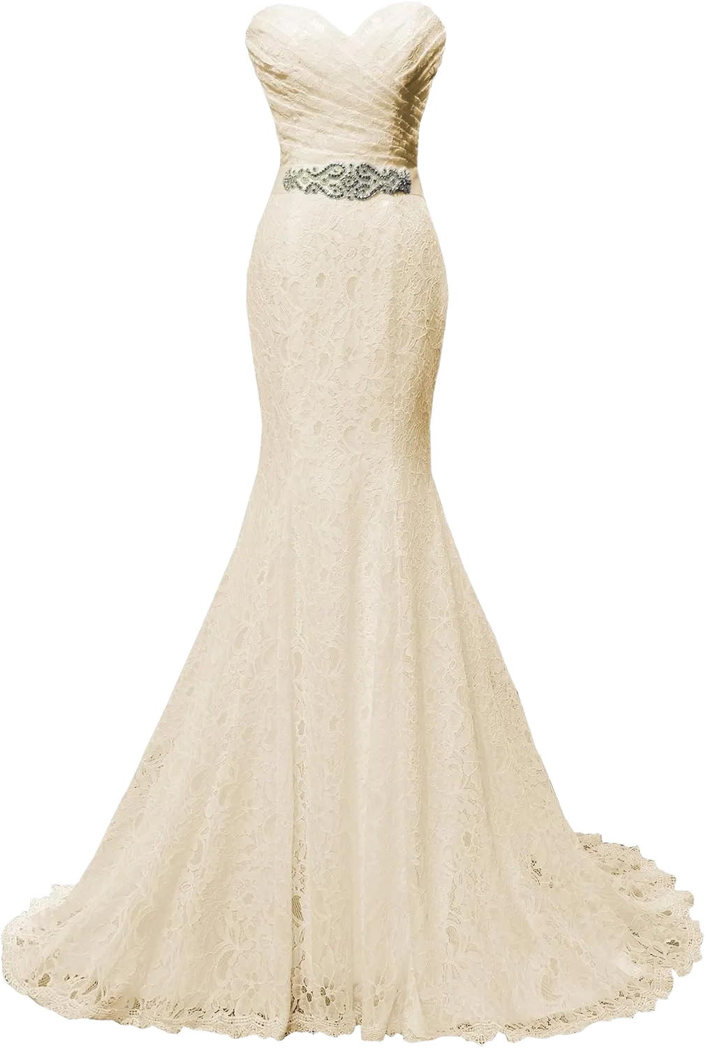 SOLOVEDRESS Women's Beaded Pleat Lace Wedding Dress Mermaid Bridal Gown with Sash 14 Champagne