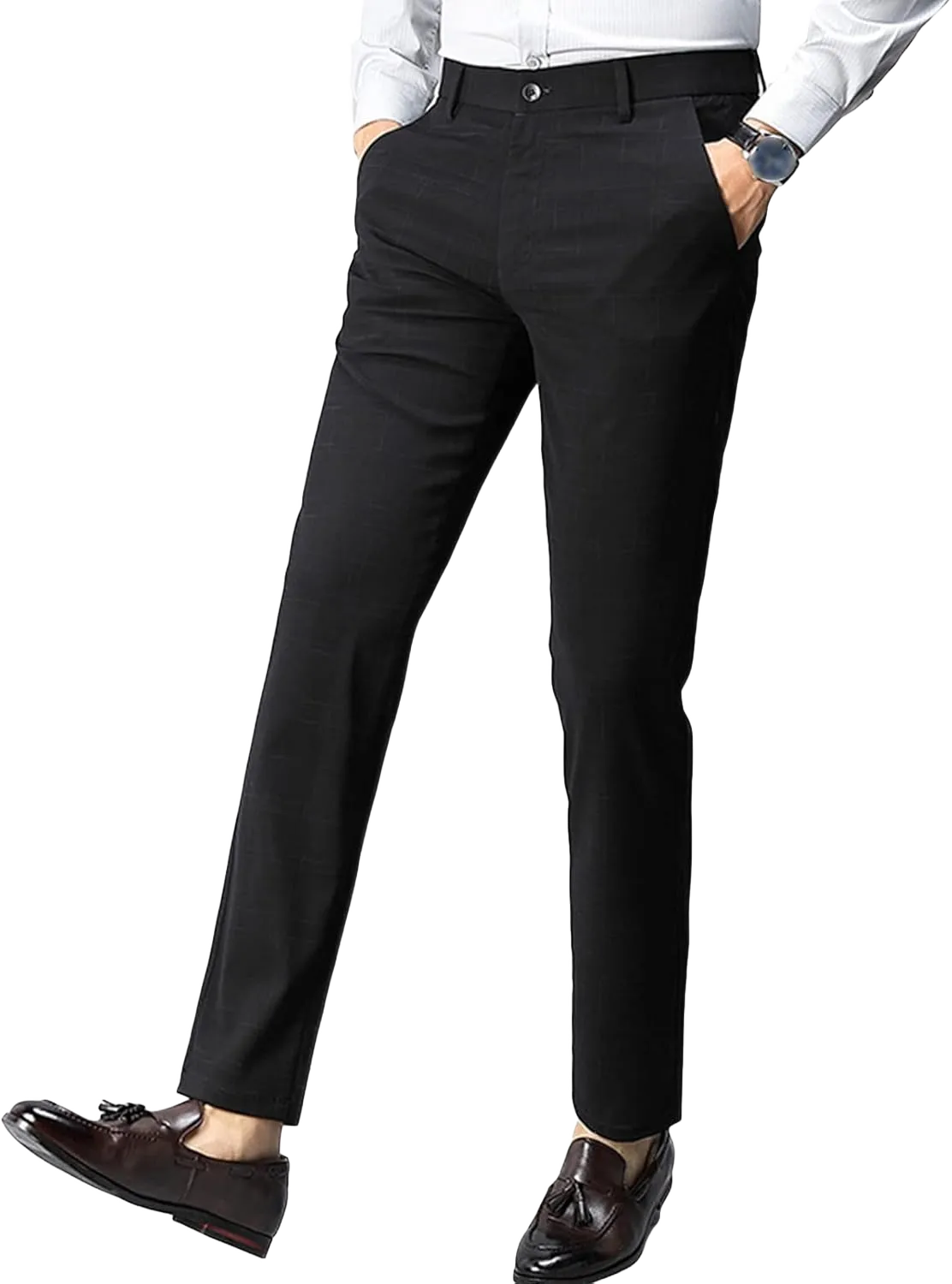 Men's Classic Fit Flat Front Pant Lightweight Wrinkle Resistant Chino Pant Plaid Casual Relaxed-fit Trousers 30 Black 2