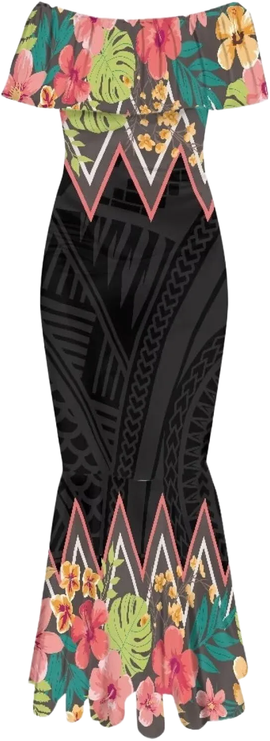 Polynesian Tribal Samoan Print 2024 for Woman's Mermaid Gowns Prom Evening Elegant Party Off Shoulder Dresses 7X-Large Pink Hibiscus Flower