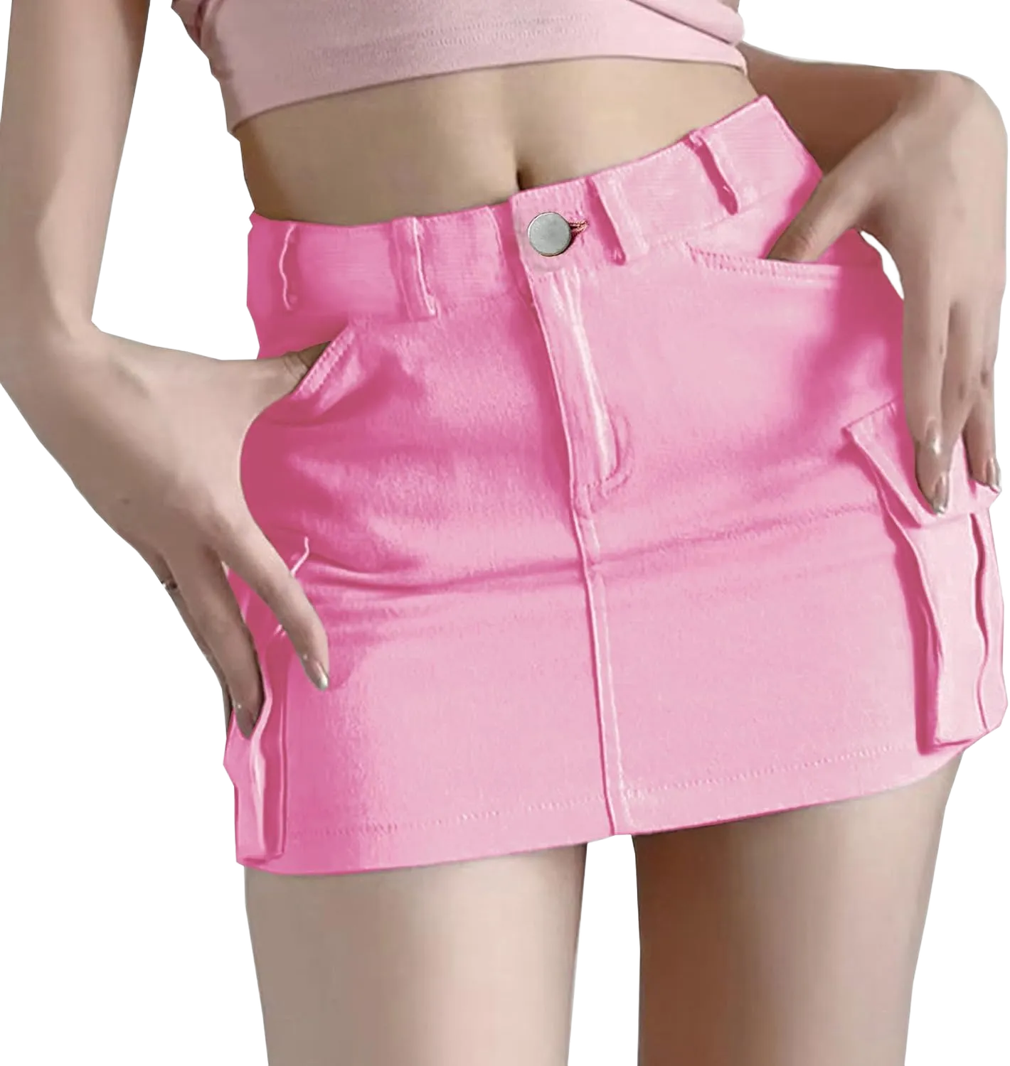 Women's Low Waist Cargo Skirt Button Mini Cargo Denim Skirt with Pocket Small Pink