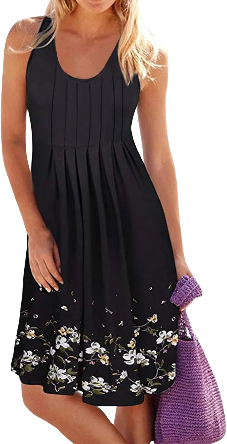 Mini Sundresses for Women 2024 Sexy Summer Dresses for Women 2024 Casual Trendy Sleeveless Floral Print Sundress Loose Knit Going Out Dress, X-Large, 01-black