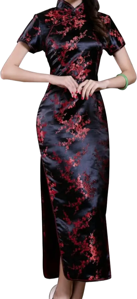 Women Cheongsam Long Dress Evening Short Sleeve Slim Fit Maxi Dress Floral Faux Silk Stand Collar Bodycon Qipao 5X-Large Black Flower