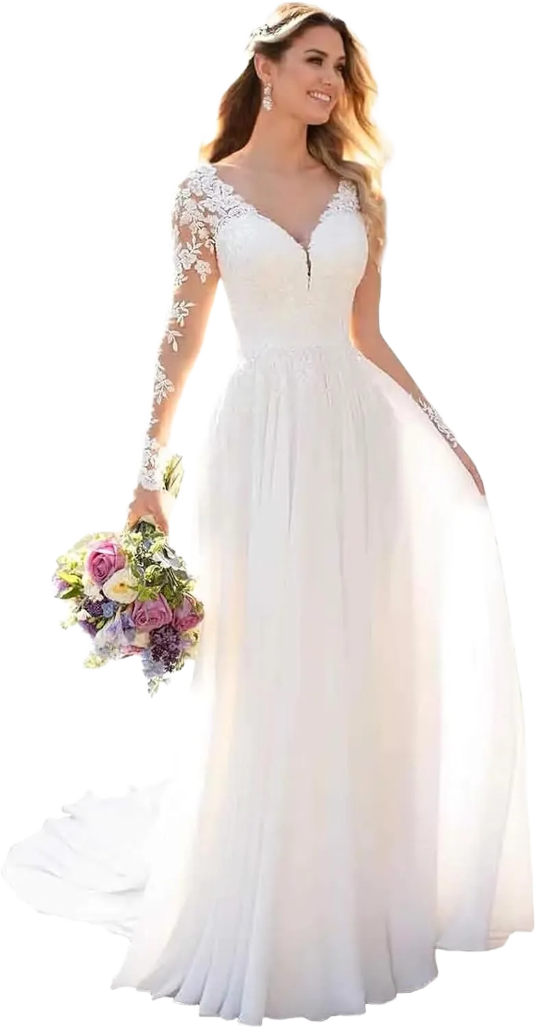 Clothfun Womens Long Sleeve Lace Beach Wedding Dress 2024 V-Neck Chiffon A-Line Summer Bridal Gown for Bride Ivory Size 14B