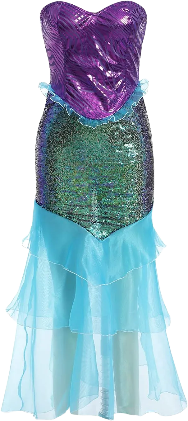 Tempura Women Halloween Mermaid Costume Dress Outfit Role Cosplay Costume Fancy Clothes for Party Club Blue Purple Medium