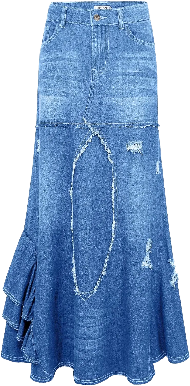 CHARTOU Women's Distressed Packaged Hip Irregular Ruffle Tiered Maxi Long Denim Skirt 34 Light Blue